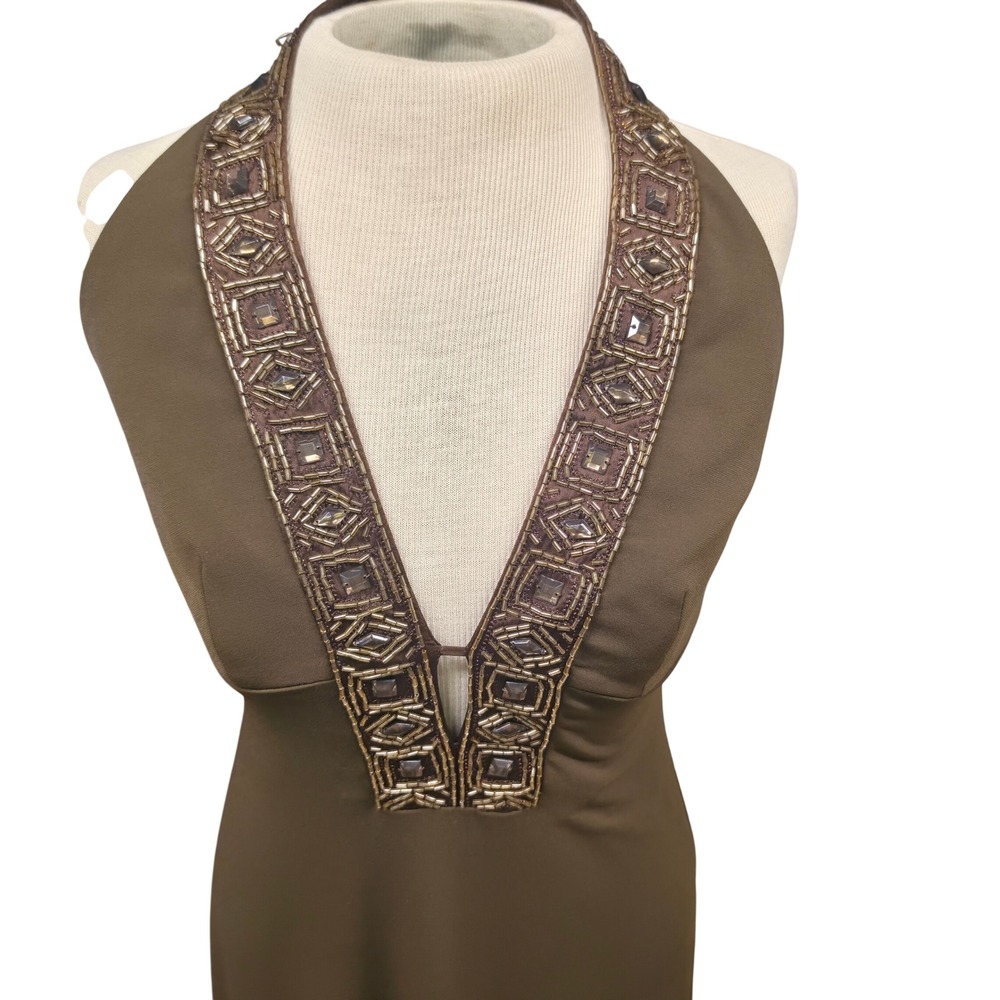 Laundry by Shelli Segal Halter Gown Womens 2 Brown Good Beaded Plunge Neck - Picture 2 of 12